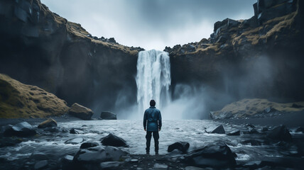 Wall Mural - Backpacker standing in front of waterfall in Iceland