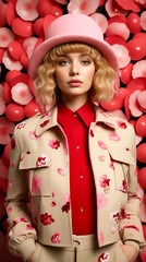 Poster - Woman in pink hat and trench coat standing in front of wall of balloons.