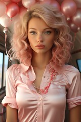 Wall Mural - A vibrant woman adorned with pink hair and balloons showcases her unique fashion sense and playful personality during an indoor photo shoot