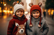 Generative ai portrait image of funny joyful child walking in city square christmas time