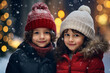 © Tetiana - AI generated image of funny cute children together walking on decorated for christmas town