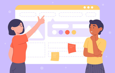 Wall Mural - creative team work at website. man and woman think about webpage design. creativity and art. collabo