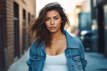 Poster - Woman with denim jacket on is posing for picture.