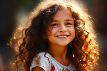 Poster - Young girl with long curly hair smiling at the camera.