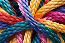 Diverse Multicolored Ropes Connected Together. Generation Of Ideas And Thoughts