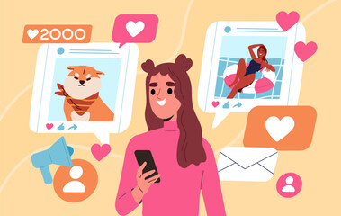 Wall Mural - girl like social media post. woman with interesting content on internet. entertainment and fun. acti