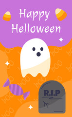 Wall Mural - Halloween banner concept. White ghost with grave and candy in package. Traditional international holiday of fear and horror. Leaflet and booklet. Cartoon flat vector illustration