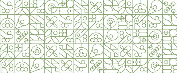 Green and white outline geometric mosaic seamless pattern illustration with creative nature shapes banner. Geometric organic nature outline mosaic banner