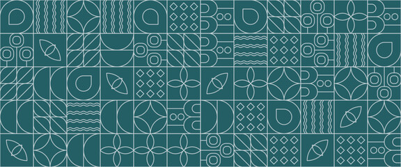 Wall Mural - Green and white abstract geometric mosaic banner design with simple nature outline shapes