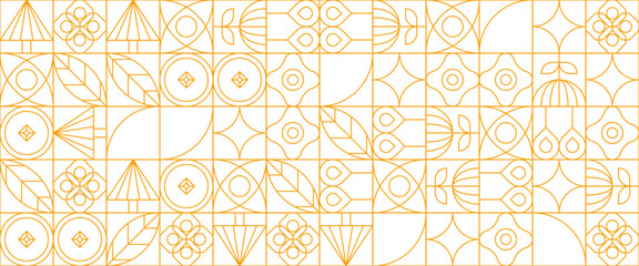 White and yellow modern minimalist mid century neo geometric mosaic bauhaus style banner pattern abstract vector illustration with outline nature shapes