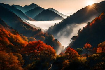 Wall Mural - Misty morning scene of mountains