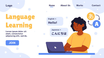 Wall Mural - learning computer language poster. woman with laptop develop software. programmer and it specialist 