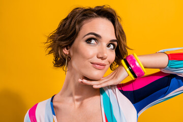 Poster - Portrait of smile pretty girl brown bob hair wear striped retro outfit look empty space show her makeup isolated on yellow color background