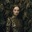 A beautiful woman wearing an elegant dress in front of large bushes, in the style of romina ressia, baroque-inspired details, klaus wittmann, marina abramovi close up, nature-inspired camouflage, nort