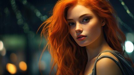 Wall Mural - A girl with red hair at night, in the style of realistic hyper-detailed rendering, light white and light orange, dmitry kustanovich, realistic fantasy, studio portrait, dark emerald and orange,