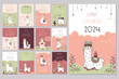 © Marina - Calendar 2024, monday first. Schedule template with cute llama. New 2024 year calendar with alpaca cartoon character. Funny animal in scandinavian style.