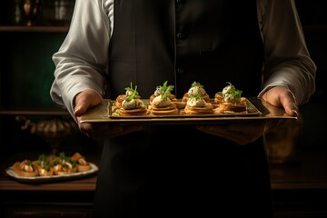 an elegant waiter holding a tray of appetizers