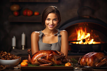 Wall Mural - Smiling housewife cooks turkey to celebrate thanksgiving holiday