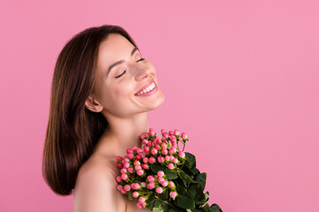 Sticker - Photo of charming pretty girl with roses bouquet enjoy organic vitality shower with herbal lotion product isolated over pastel color background