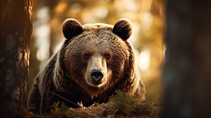 A shot of a brown bear in the forest that is close up.