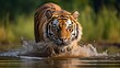 A dangerous predator, siberian tiger panthera tigris altaica, swims in the water in front of the photographer. beautiful wild animal being cared for in its natural habitat of green taiga forest.