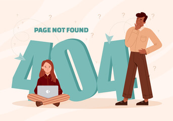 Wall Mural - website error 404 concept. page not found. man and woman near big numbers. broken link and wrong add