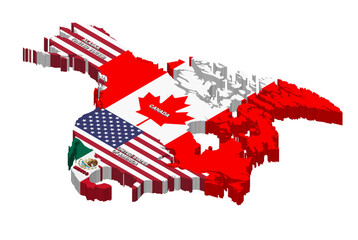 Wall Mural - United States, Canada and Mexico vector isometric map combined with national flags