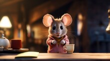 Cute Mouse Sitting On Table With Cup Of Tea Illustration AI Generated