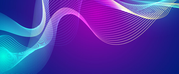 Wall Mural - blue and purple violet vector techno abstract banner with wavy lines. minimalist modern wavy concept