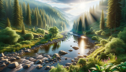 Landscape with mountain river and forest at sunset. Generative AI