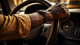 Fototapeta Konie - A male cab driver has his hand on the wheel, cab day, generative AI