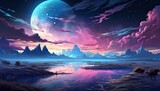Fototapeta Do pokoju - widok kolorowego nieba z planetami i księżycem w błękitno fioletowe barwy