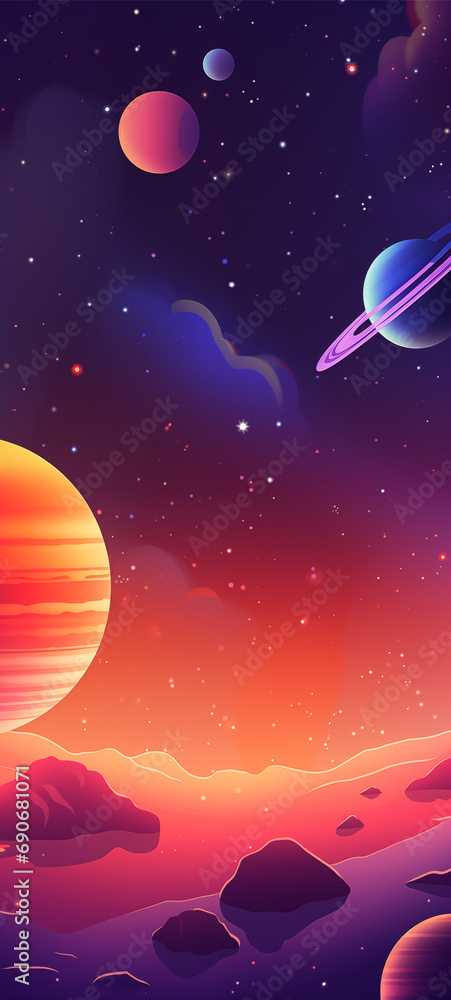 Design a cosmic-inspired wallpaper using minimal elements, incorporating stars, planets, and cosmic shapes for an otherworldly feel, vector, minimalist, procreate art, illustration, unreal engine 5