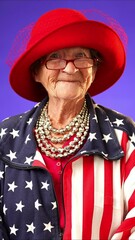 Wall Mural - Vertical video of smiling kind elderly old woman 80s years old wears US flag jacket ask WHO ME oh it so sweet put hands on chest isolated on purple background studio portrait