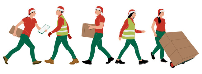 Sticker - Set of male and female construction workers wearing Christmas hats and vests. Warehouse workers in different poses. Santa hats. Uniform in Christmas colors. Vector illustration isolated on white	
