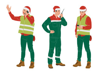 Sticker - Set of male and female construction workers wearing Christmas hats and vests. Warehouse workers in different poses. Santa hats. Uniform in Christmas colors. Vector illustration isolated on white	
