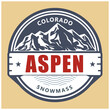 Aspen label, snowmass village in Colorado emblem, windter ski resort stamp, Aspen emblem with snow covered mountains, vector