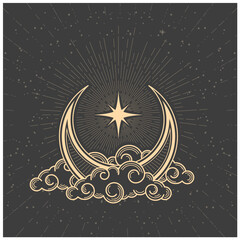 Wall Mural - mystic half-moon on clouds and guiding pole star, magic crescent in tarot style, esoteric and astrol