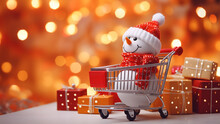 Cute Christmas Snowman On Red Shopping Cart On Bokeh Light Background With Copy Space, Christmas Holiday Season Gift Shopping And New Year Concept, Generative Ai