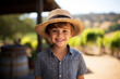 Medium shot portrait photography of a pleased child boy that is wearing winery tour outfit, sun hat against touring a beautiful vineyard background