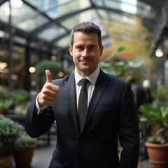 Portrait of happy businessman showing thumbs up hand sign gesture