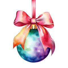 Wall Mural - colorful watercolor Christmas ball with ribbon and a bow, isolated on background. Generative AI.