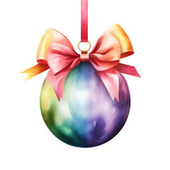 Wall Mural - colorful watercolor Christmas ball with ribbon and a bow, isolated on background. Generative AI.