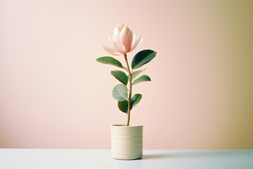 Aufkleber - A magnolia bloom captured in a minimalistic moment within a small pot.