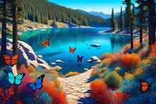 A Whimsical Digital Illustration Of The Donner Lake Picnic Spot, Featuring Vibrant Colors, Animated Elements Like Fluttering Butterflies