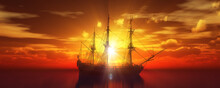 Old Ship Sunset At Sea 3d Rendering