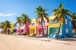 A row of brightly colored houses on a beach