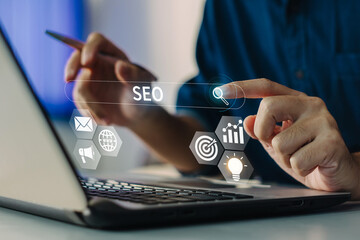 Wall Mural - person working with computer laptop for manage search engine optimization : seo with social media co