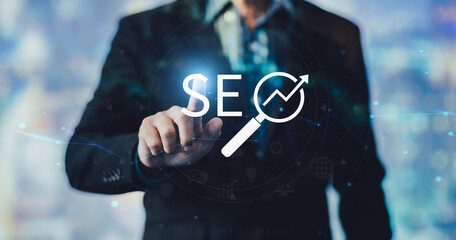 Wall Mural - search engine optimization : seo concept for business technology with social media content and adver