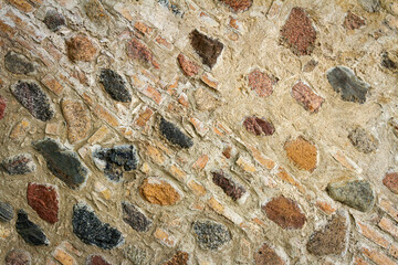 Wall Mural - Wall texture with pieces of old bricks mixed with exposed round stones.